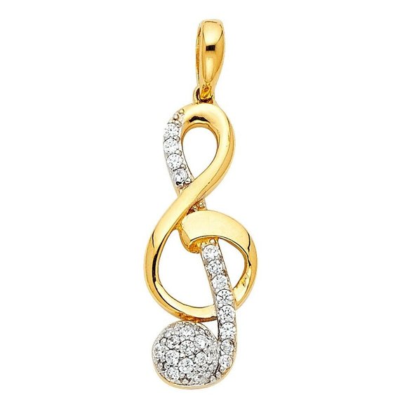 Musical Note Pendant 14k Yellow Gold Treble Clef Charm CZ stones